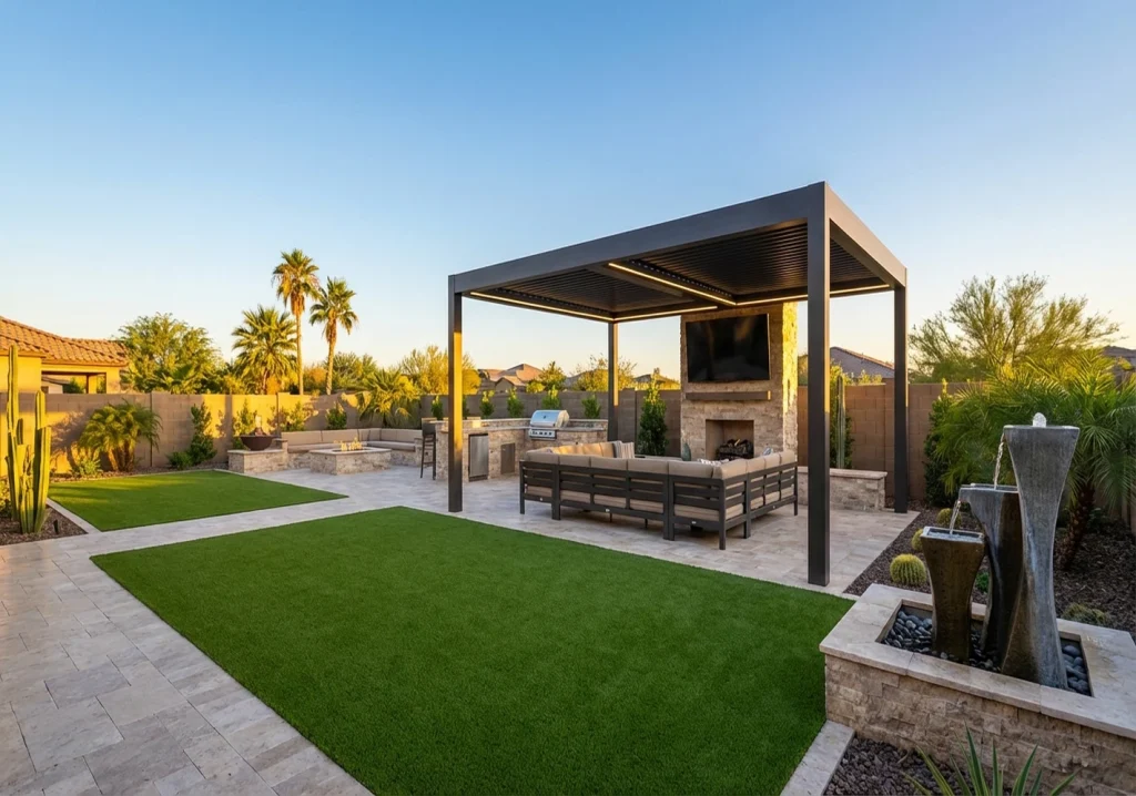 Luxury Arizona backyard with artificial turf, modern pergola, TV entertainment area, and water fountain