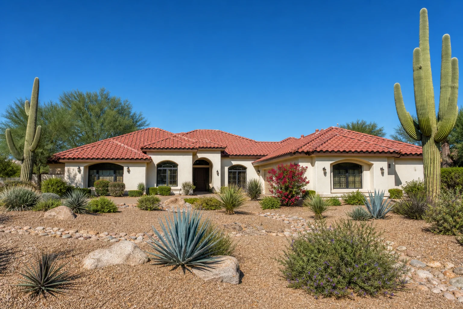 Arizona home with completed tile roof showing the best roofing material for Arizona heat and desert curb appeal