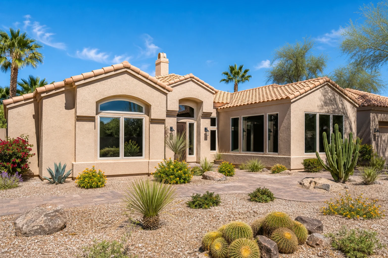 Newly installed full-frame replacement windows on a Phoenix-area Arizona stucco home exterior with desert landscaping and terracotta tile roof in the background