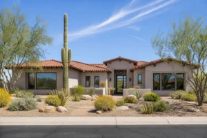 Energy-efficient windows installed on a modern Arizona stucco home with desert landscaping and tile roof