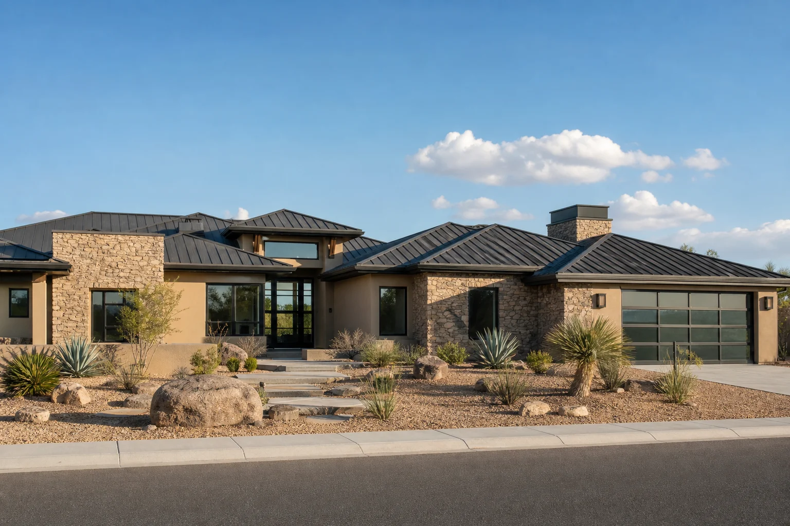 Completed standing-seam metal roof on an Arizona home with desert landscaping and strong curb appeal