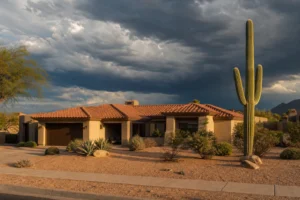Arizona desert home with clay tile roof and cleared gutters showing how to prevent roof leaks before monsoon season