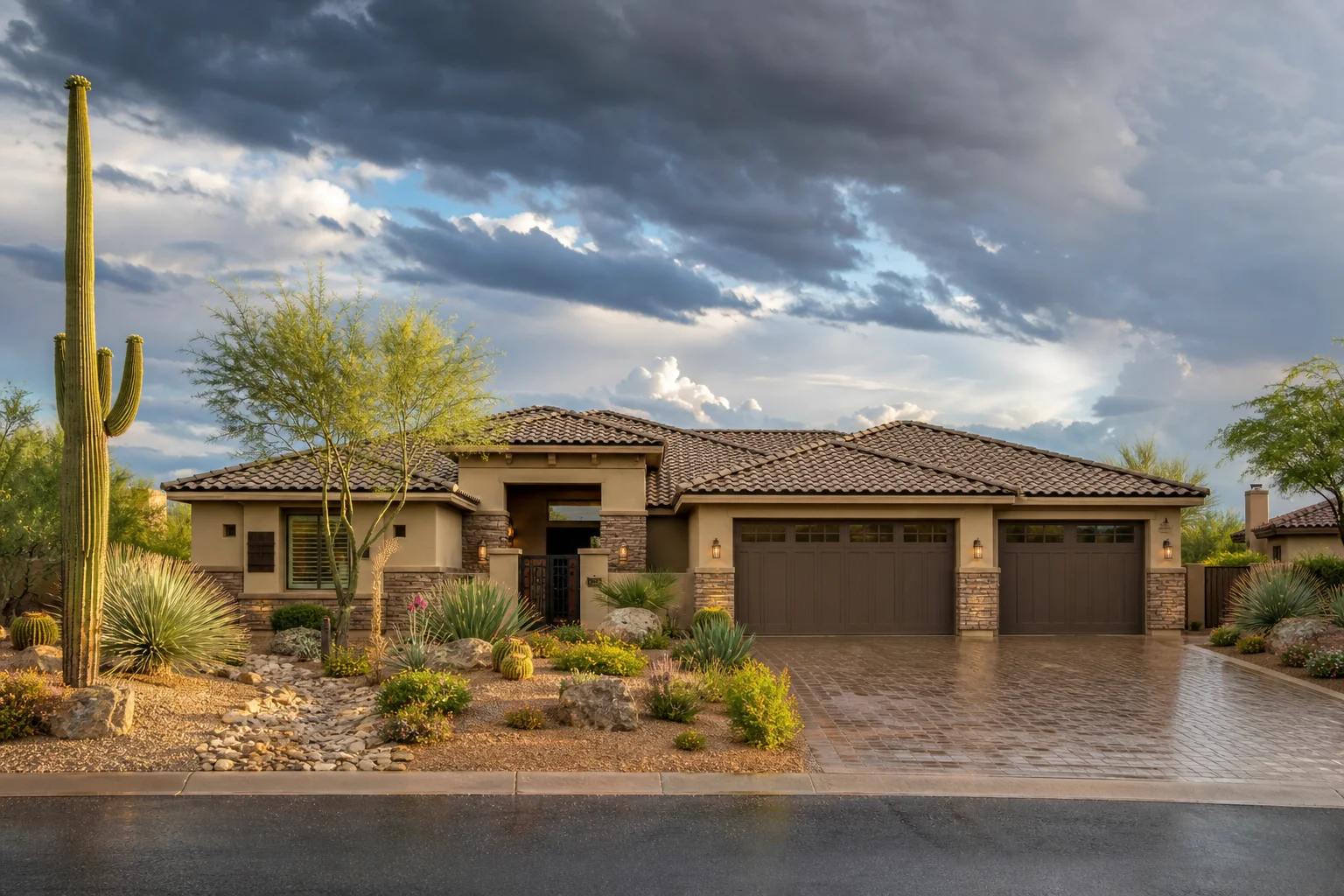 Arizona home with completed tile roof and desert landscaping showing monsoon roof damage risk after storm