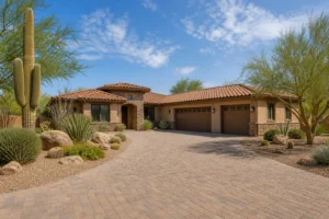 Completed clay tile roof on an Arizona home with desert landscaping, illustrating roof inspection cost in Arizona