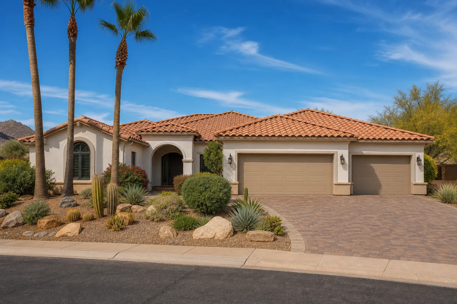 Wide-angle view of a completed tile roof on a Phoenix-area home with desert landscaping and paver driveway, showing full curb appeal in midday sun