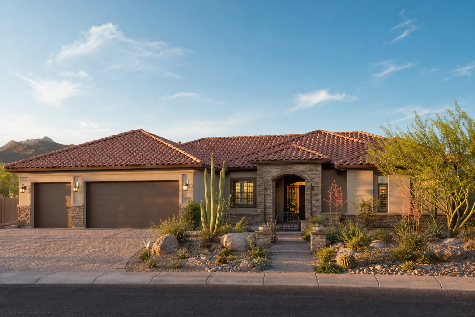 A completed tile roof on a wide Arizona residential home with desert landscaping, pavers, and clear blue sky showing strong curb appeal across the full Phoenix-area exterior