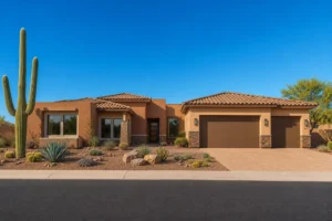 Window replacement cost in Arizona: newly installed replacement windows on a modern Phoenix area stucco home with desert landscaping curb appeal