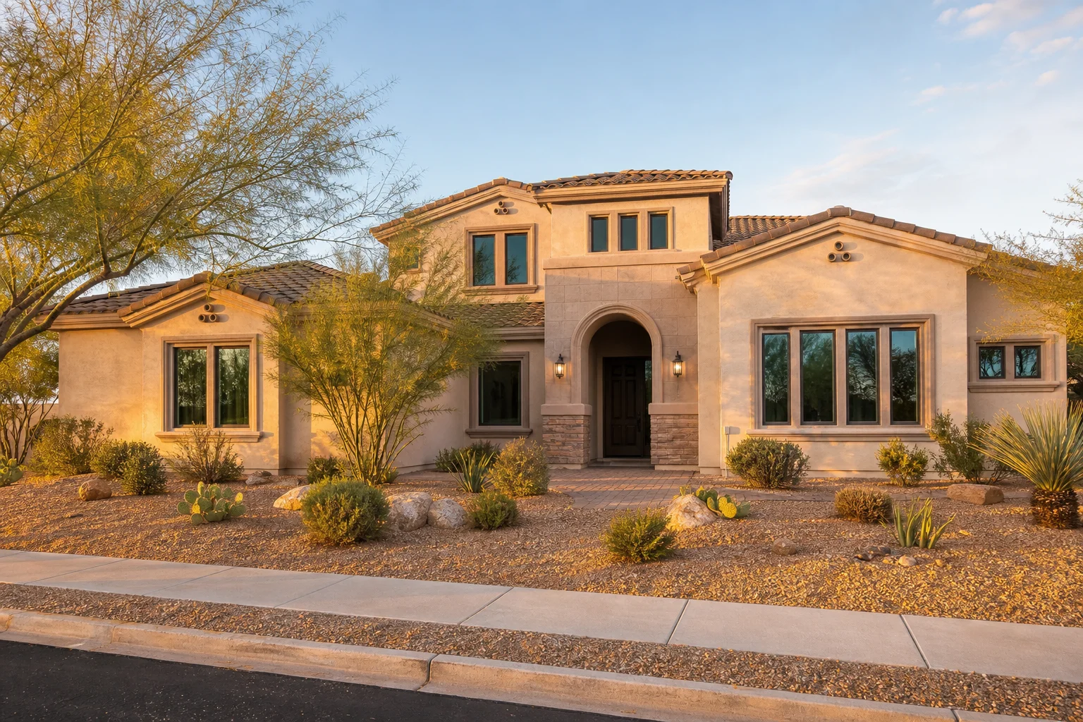 Newly installed replacement windows on a modern Arizona stucco home exterior with desert landscaping and curb appeal under a clear blue sky
