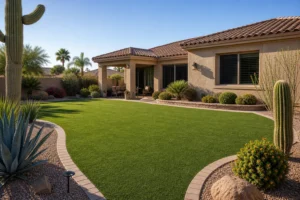 Arizona residential backyard with professionally installed artificial turf cost in arizona per square foot showing completed desert landscaping and pavers