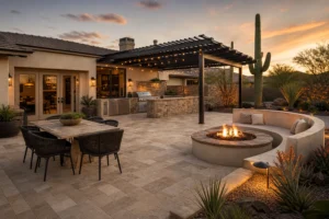 Completed Arizona backyard remodel cost project featuring travertine paver patio, outdoor kitchen with pergola, fire pit, and desert landscaping