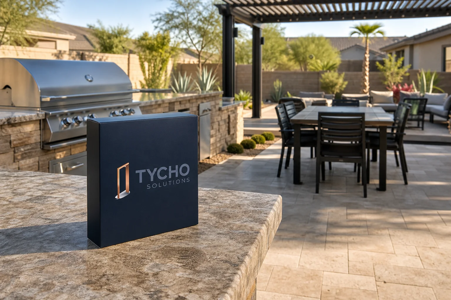 Wide-angle view of a completed Arizona backyard featuring a built-in outdoor kitchen, paver patio, pergola shade structure, and desert landscaping at a Phoenix-area home