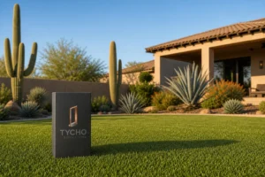 Lush green artificial turf backyard at a Phoenix Arizona desert home with desert landscaping and pergola, showcasing the best turf for arizona heat