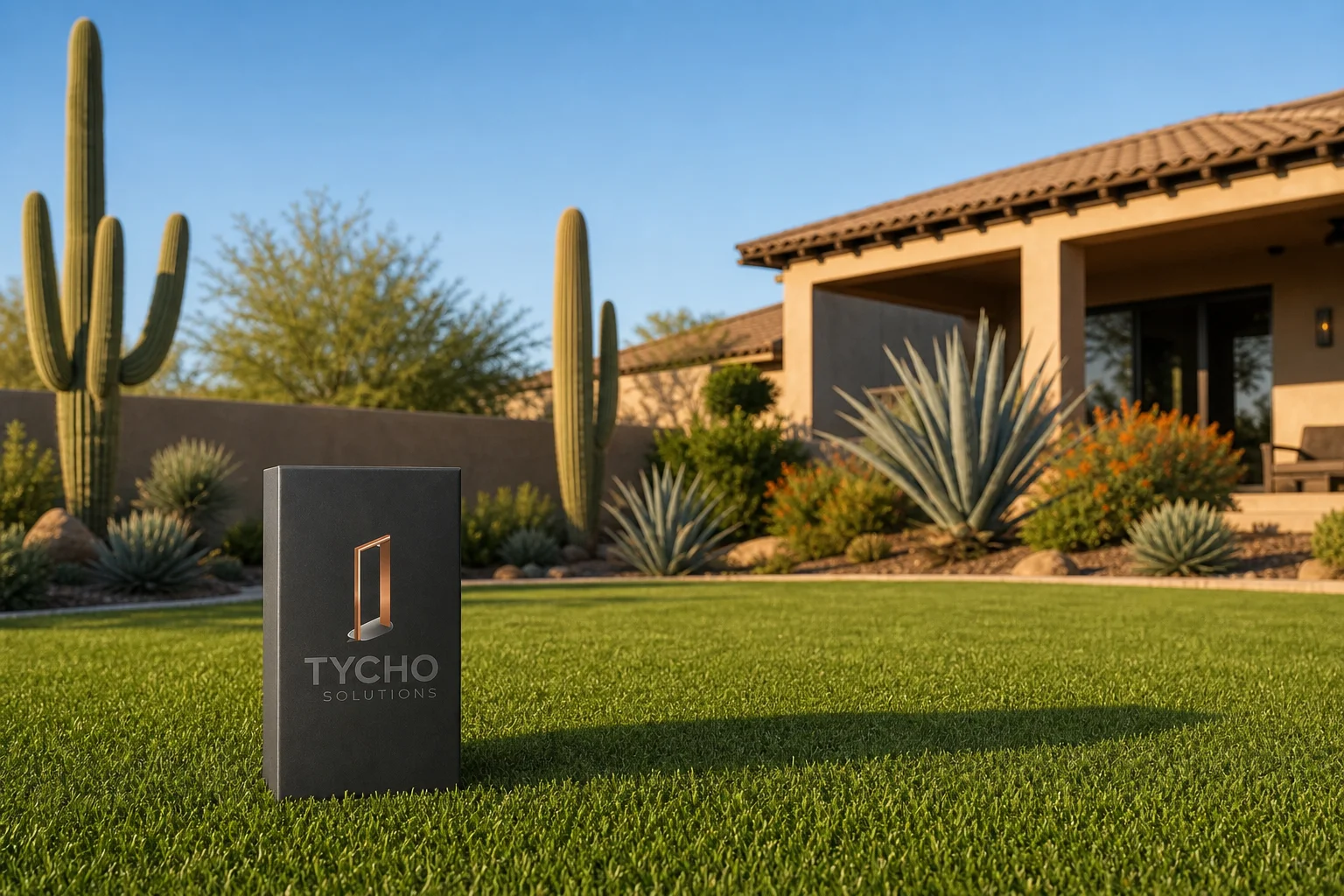 Lush green artificial turf backyard at a Phoenix Arizona desert home with desert landscaping and pergola, showcasing the best turf for arizona heat