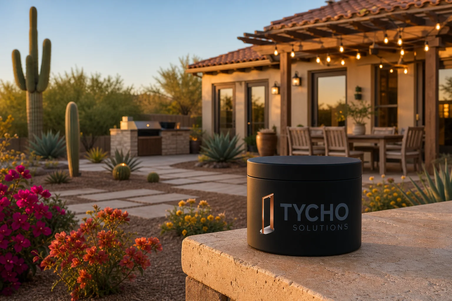 Desert backyard ideas for Arizona homes featuring native plants, travertine pavers, and a custom pergola at a Phoenix-area residential property