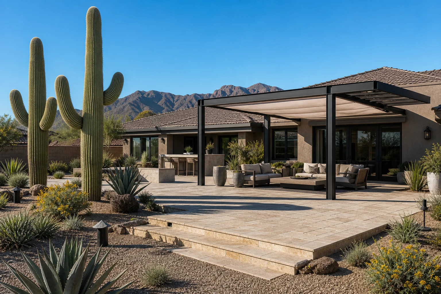 Finished Arizona backyard with travertine pavers, saguaro cacti, native desert plants, and a shaded pergola at a Phoenix-area residential home