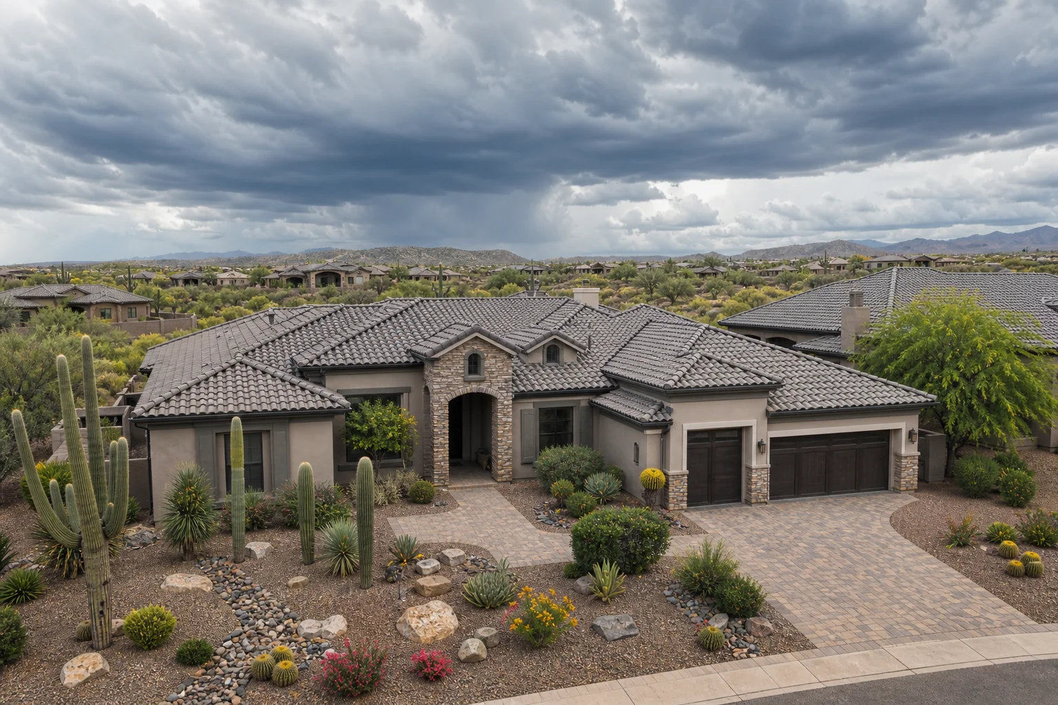 Hail damage to tile roofs in Arizona: Phoenix-area home with concrete tile roof after monsoon storm
