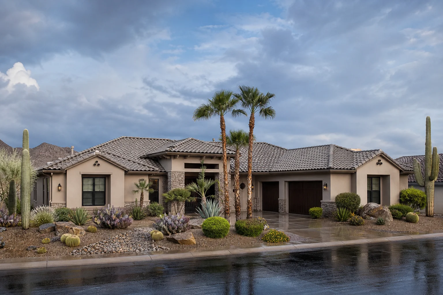 Finished Phoenix-area Arizona home with complete concrete tile roof, desert landscaping with saguaro cacti and palm trees, clear sky after a monsoon storm, wide framing showing full curb appeal
