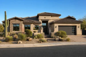 Low-e windows installed on an Arizona desert home exterior showing desert landscaping and curb appeal
