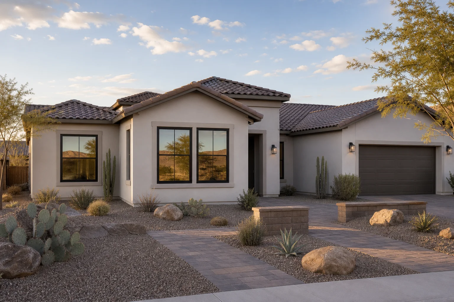 Completed window replacement on an Arizona home exterior with desert landscaping and afternoon light showing curb appeal
