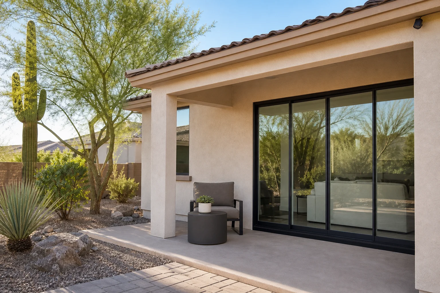 Finished Arizona home exterior with newly installed sliding glass patio door, desert landscaping, and curb appeal showcasing patio door replacement in Arizona