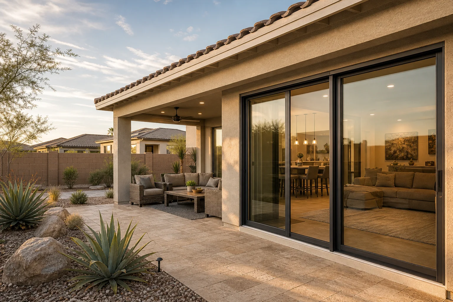 Arizona home backyard with new sliding glass patio doors installed, covered outdoor living area with desert landscaping and paver patio
