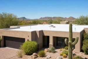 Phoenix-area home with white reflective flat roof showing roof coating in Arizona desert setting