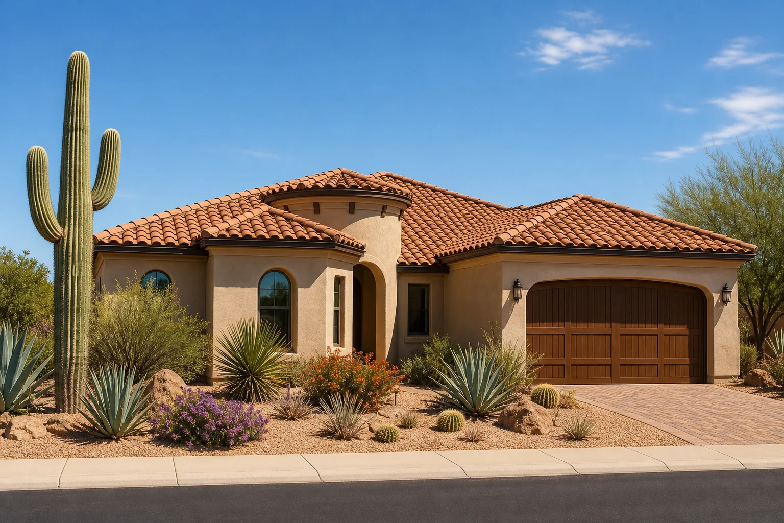 Arizona home with completed tile roof and desert landscaping showcasing professional roof underlayment replacement work by Tycho Solutions