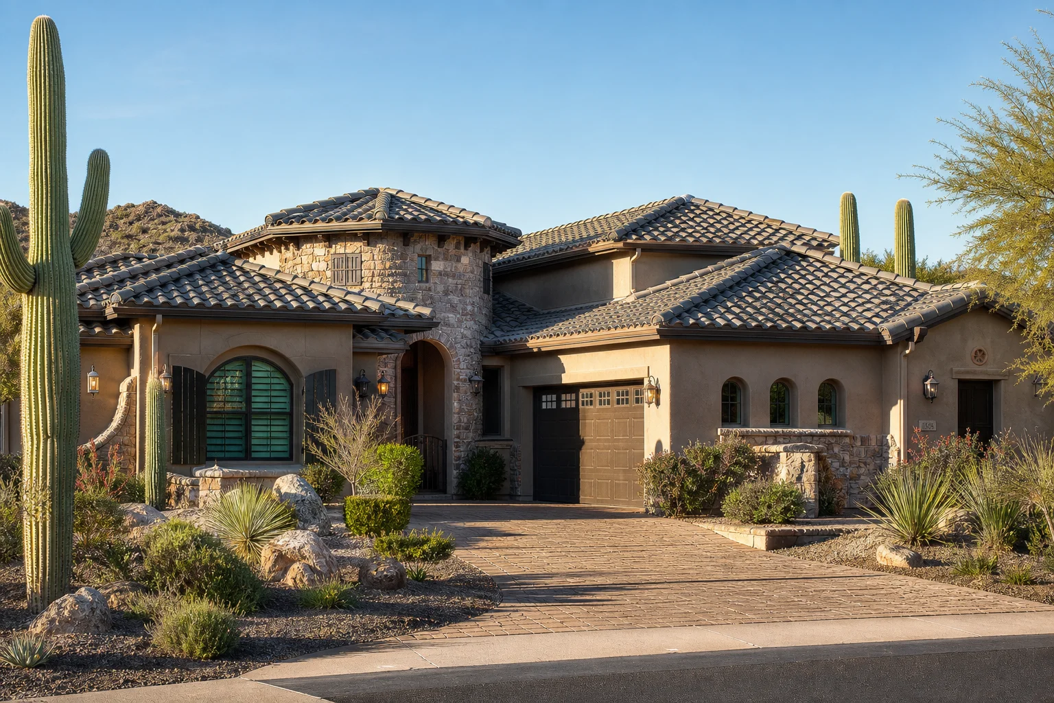 Finished Arizona residential home with newly installed tile roof displaying curb appeal and professional roofing quality in desert setting