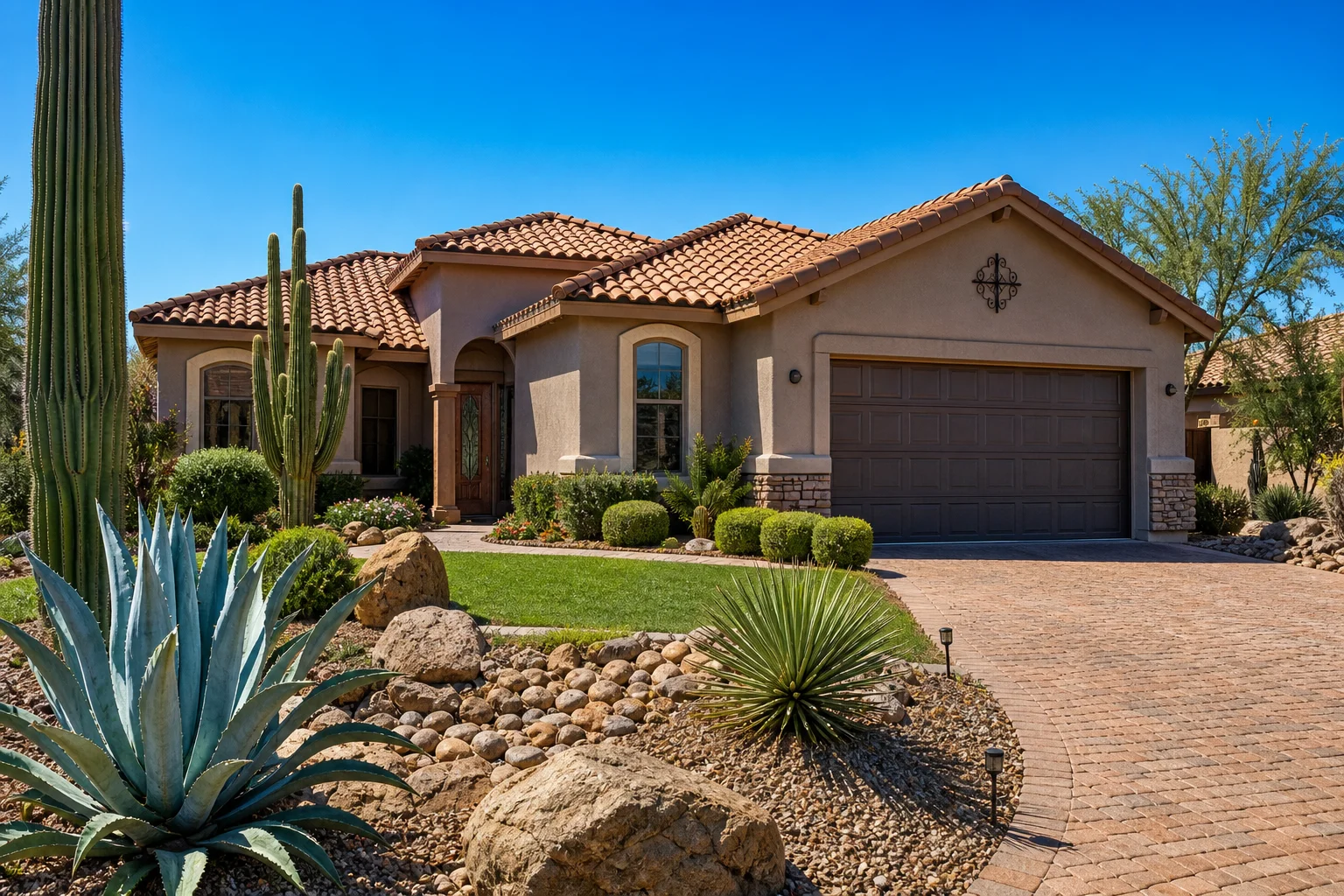 Finished tile roof on an Arizona residential home in Mesa, AZ with desert landscaping and curb appeal, showcasing roofing in Mesa, AZ