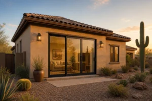 Arizona home exterior with newly installed sliding glass door and desert landscaping showing curb appeal