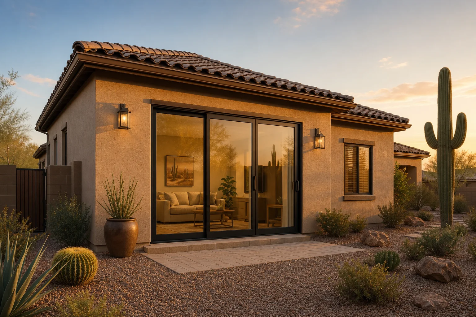 Arizona home exterior with newly installed sliding glass door and desert landscaping showing curb appeal
