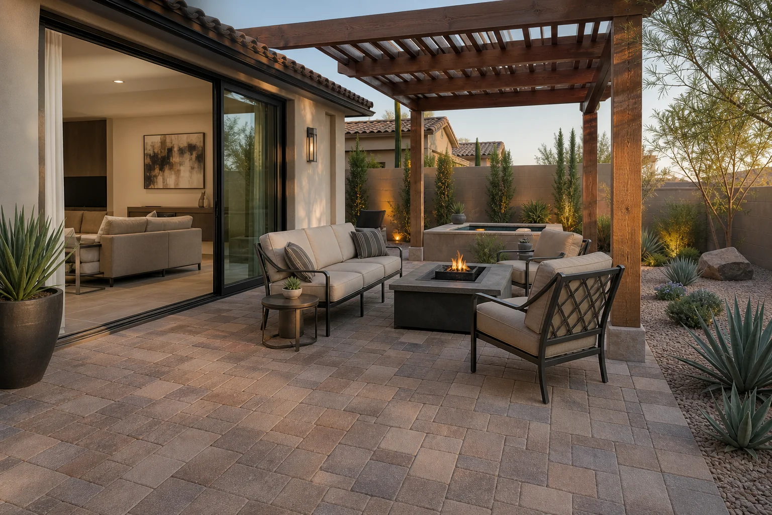Newly installed sliding glass door opening onto a completed Arizona backyard patio with desert pavers and a pergola