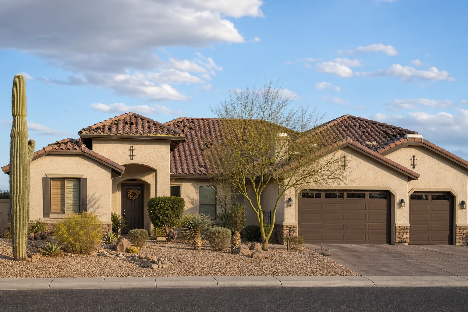 Storm and wind roof damage visible on an Arizona clay tile home exterior after monsoon, wide curb-appeal shot