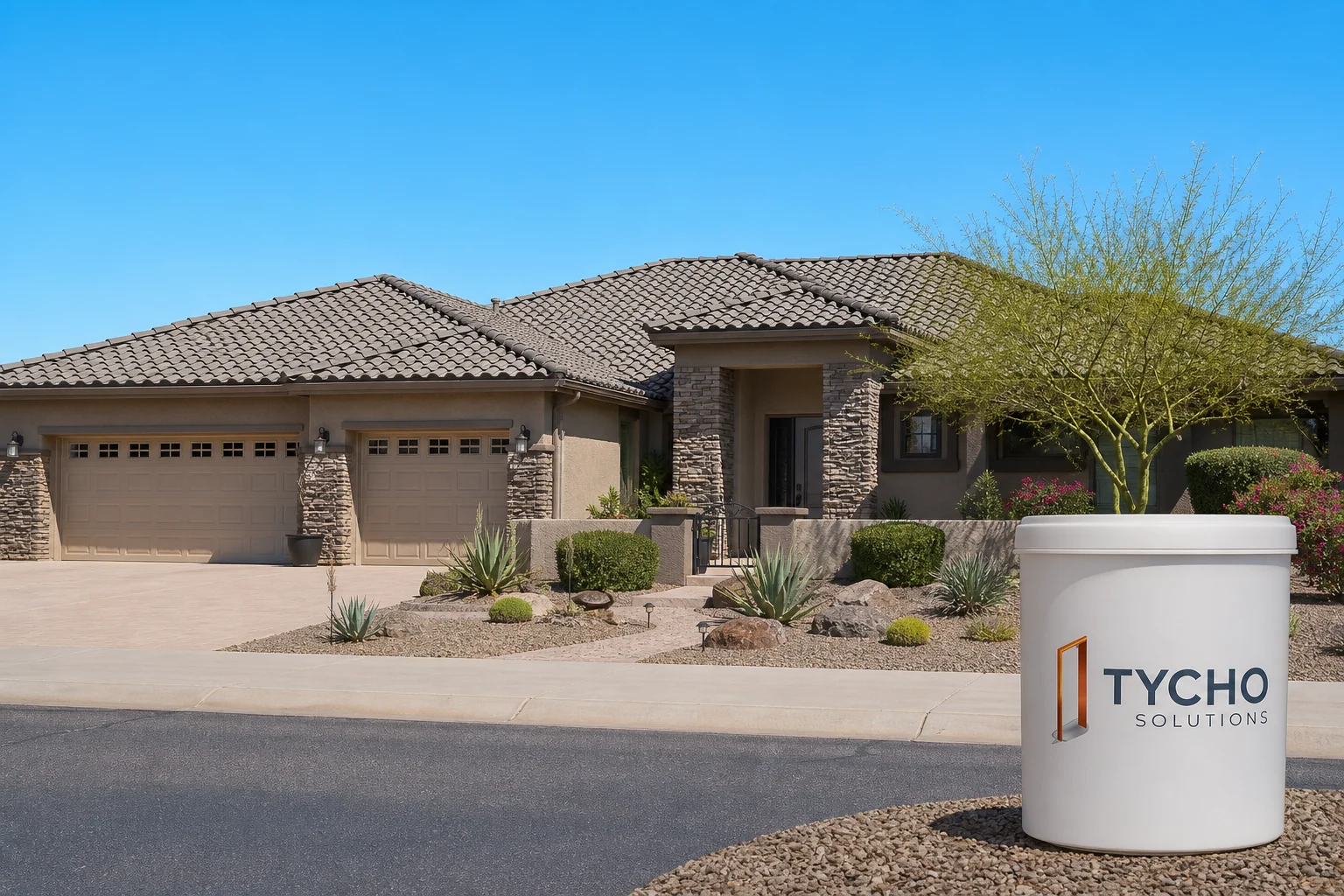 Completed new clay tile roof on a finished Arizona home with desert landscaping and wide curb appeal after full roof replacement