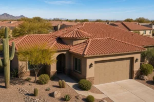 Completed clay tile roof on an Arizona residential home with desert landscaping, illustrating tile roof replacement cost in Arizona