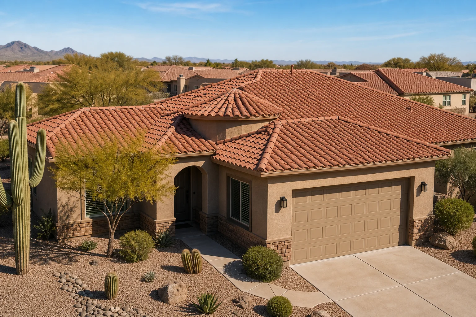 Completed clay tile roof on an Arizona residential home with desert landscaping, illustrating tile roof replacement cost in Arizona