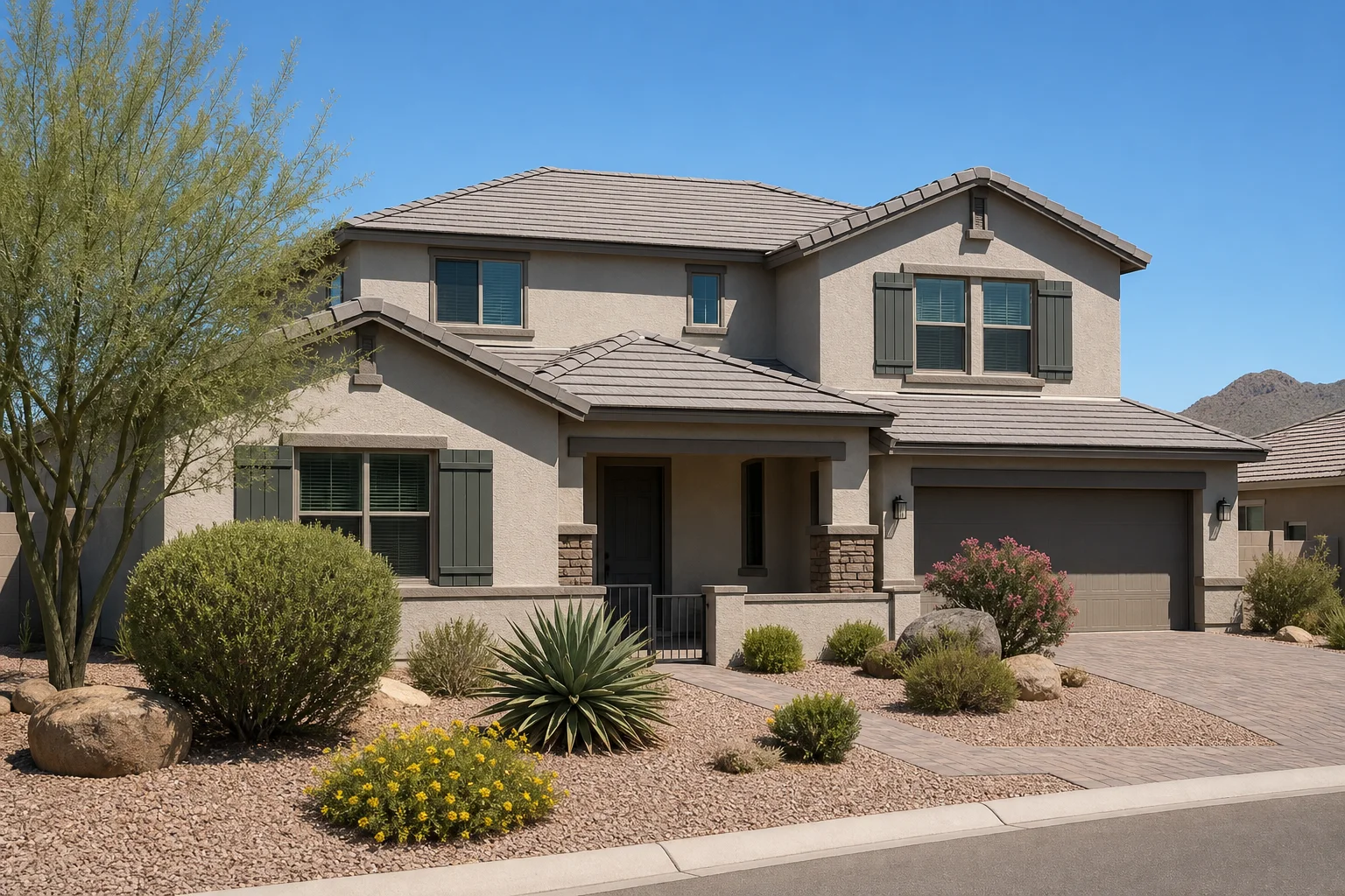 Aerial view of a completed concrete tile roof on a Phoenix-area Arizona residential home with desert landscaping and finished curb appeal