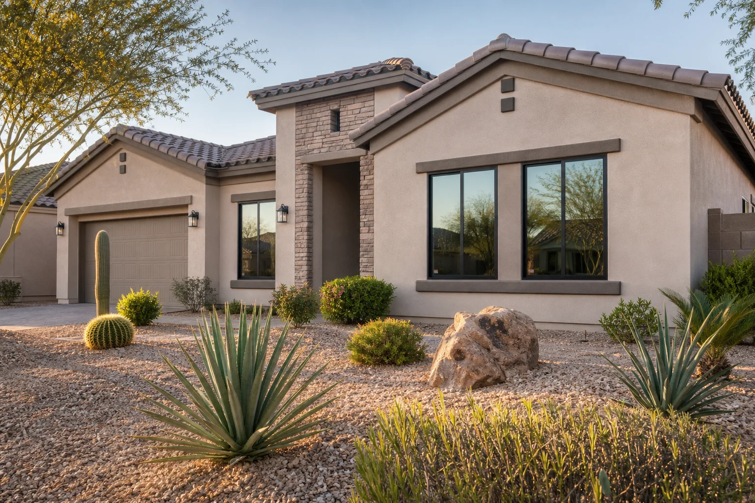 Completed Arizona residential home exterior with installed replacement windows showing desert landscaping and curb appeal