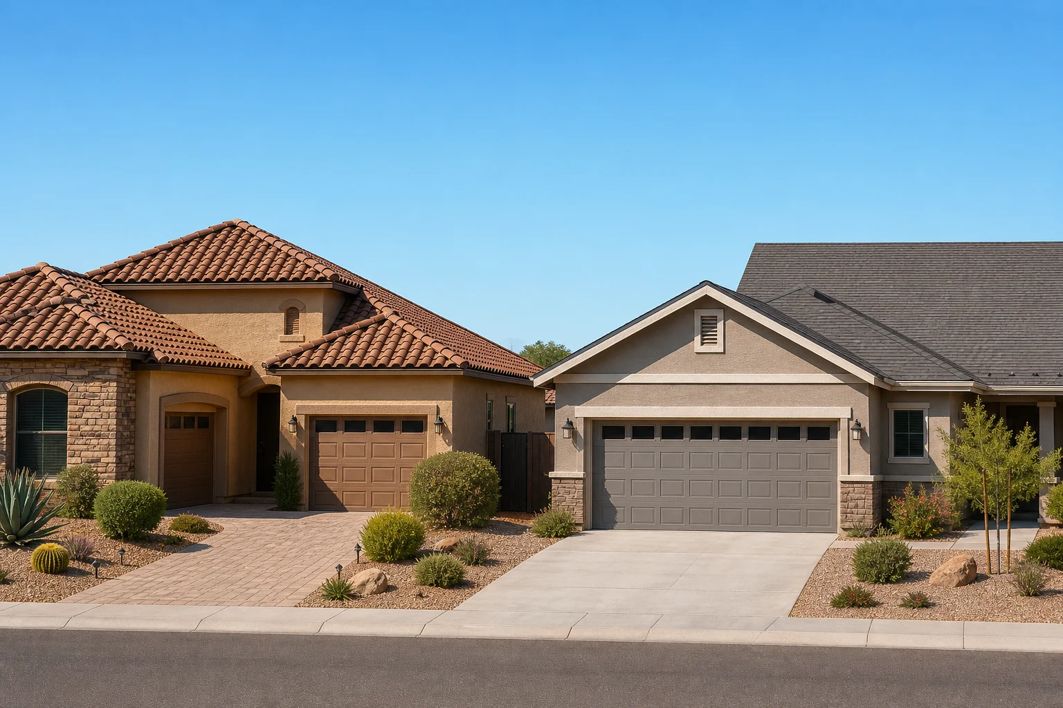 Two Arizona homes side by side comparing a tile roof and a shingle roof