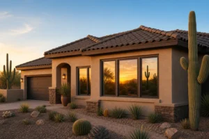 Arizona desert home exterior with new energy-efficient replacement windows and tile roof