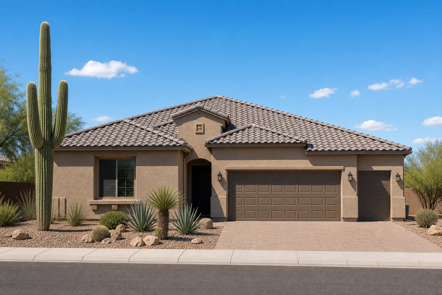 Newly replaced tile roof on a two story Arizona home with clear desert sky overhead