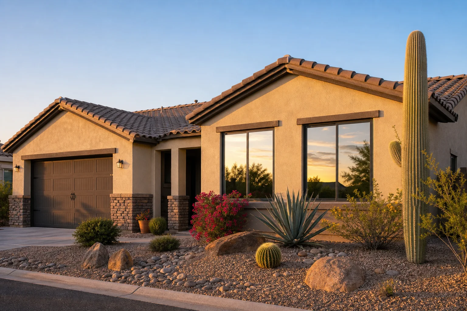 Dual-pane windows cost and savings in Arizona shown through a finished home exterior with desert landscaping