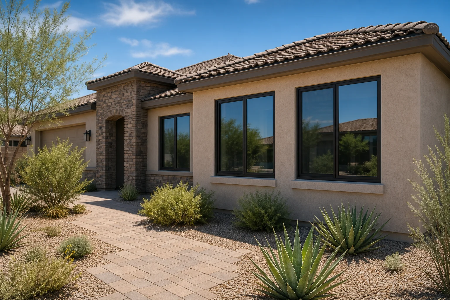 Finished Arizona home exterior with newly installed dual-pane windows and desert landscaping