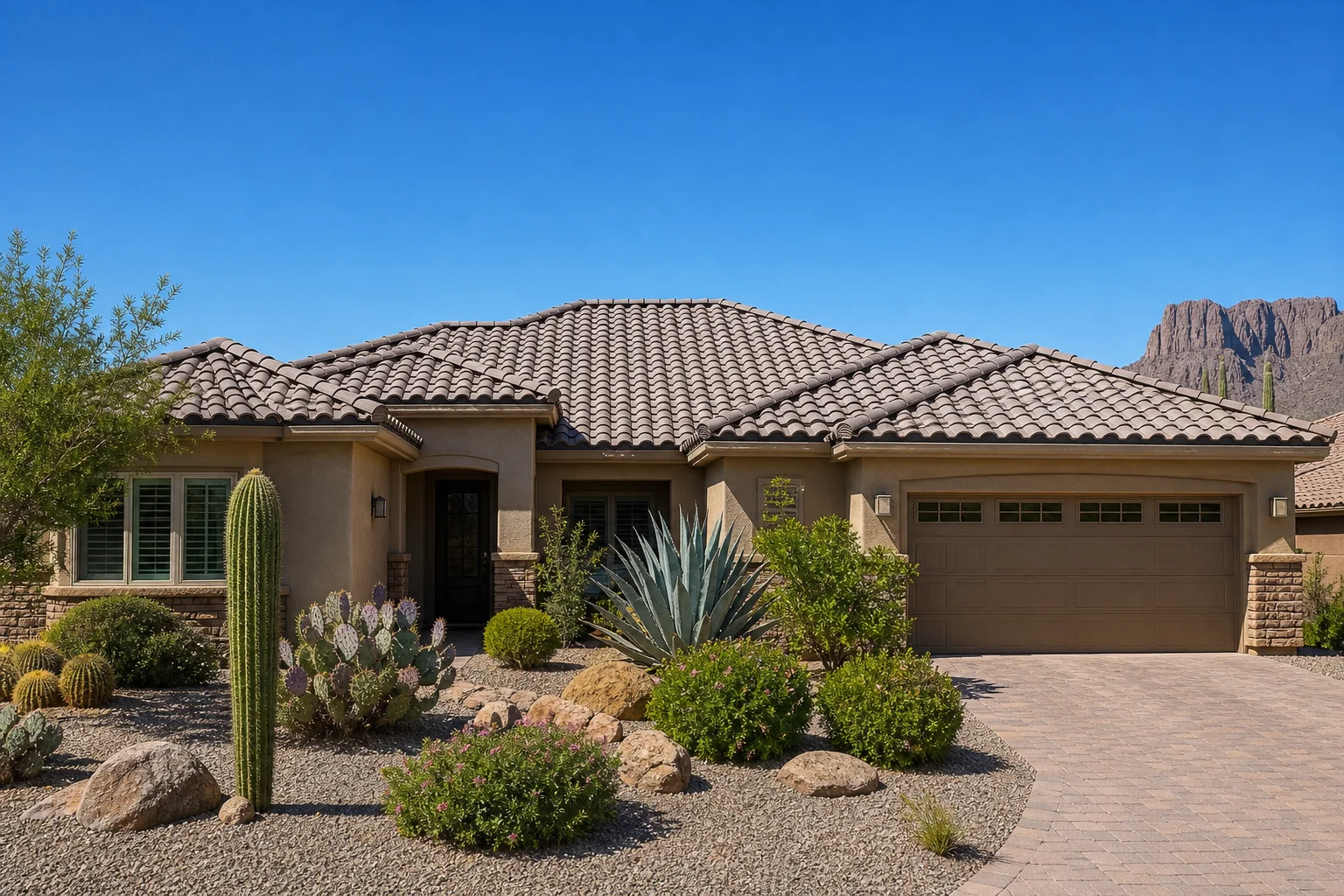 Wide exterior view of a finished tile roof on an Arizona desert home near Apache Junction with desert landscaping