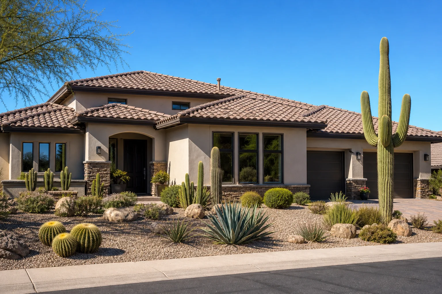 Arizona home with new energy-efficient vinyl replacement windows and tile roof under bright desert sun