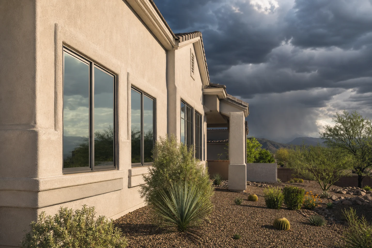 Newly installed dual-pane windows on an Arizona home with monsoon storm clouds building in the distance