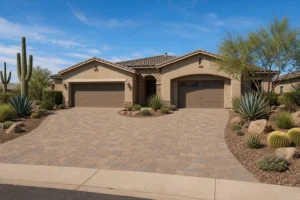 Completed paver driveway replacement in Arizona showing a stucco home with desert landscaping and tile roof