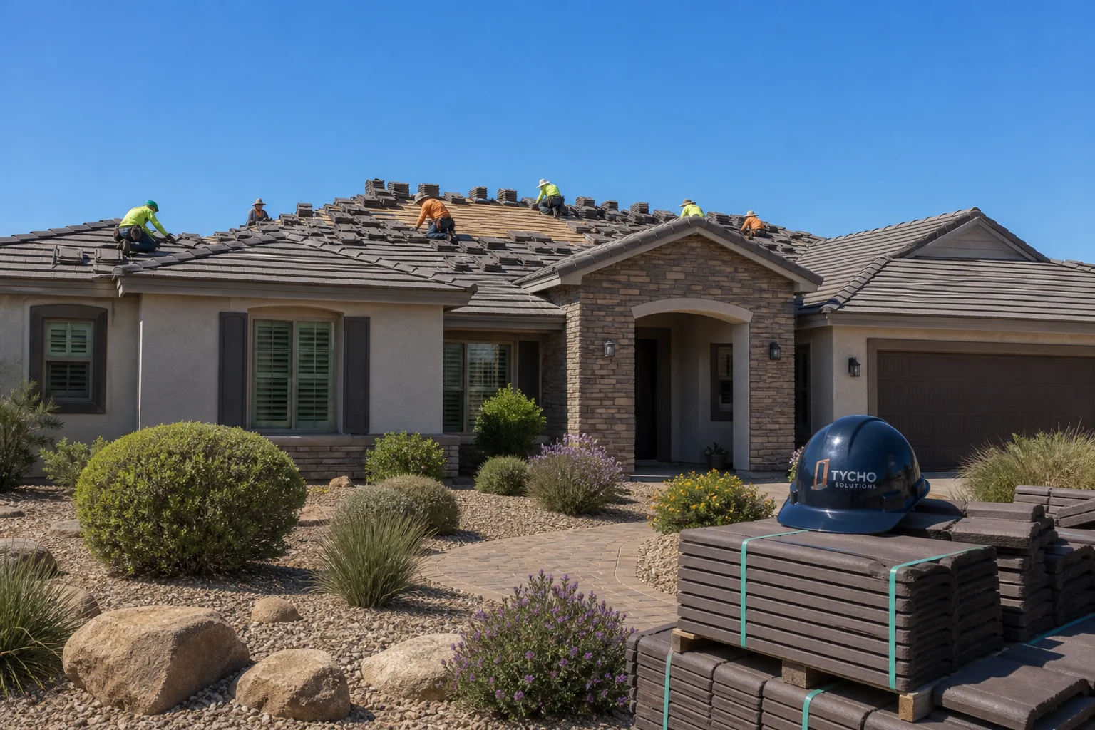 Roofing crew working on concrete tile roofing during a re-roof of a Mesa Arizona home