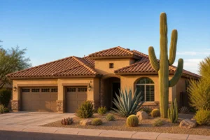 Arizona home with a newly finished tile roof after a full roof replacement, desert landscaping in front yard