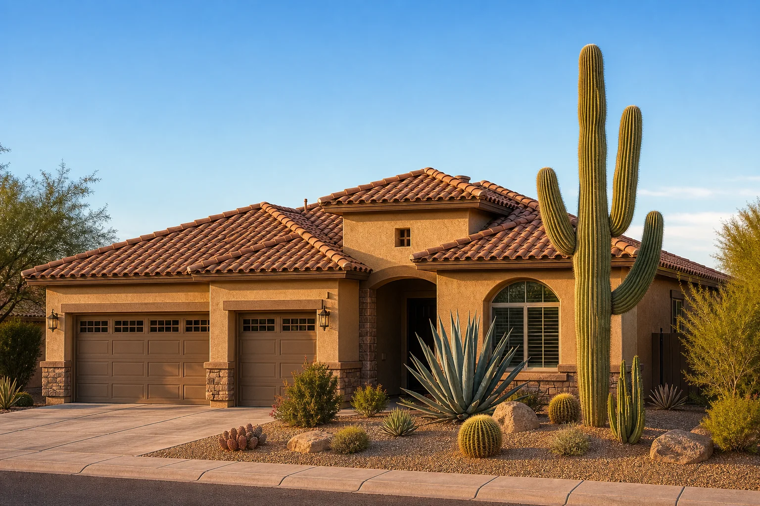 Arizona home with a newly finished tile roof after a full roof replacement, desert landscaping in front yard